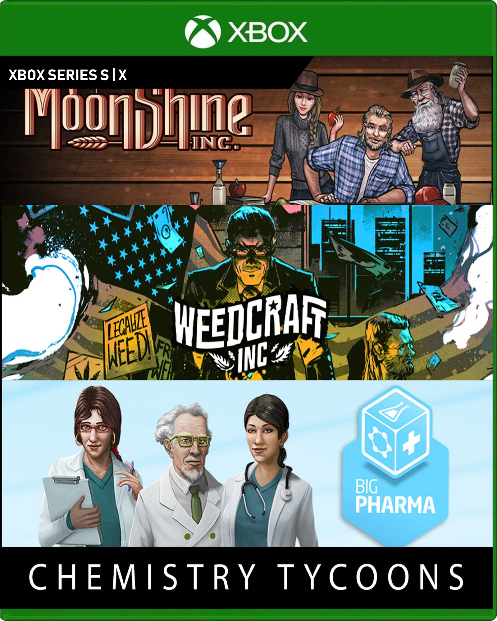 Carátula de Weedcraft Inc + Moonshine Inc + Big Pharma - Chemistry Tycoons Bundle - Xbox Series X|S